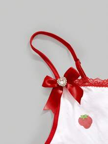 Strawberry Shortcake | ROMWE 大码女式夏季可爱草莓卡通图案蕾丝边蝴蝶结装饰吊带背心和格子印花层叠荷叶边短裤两件套 - 彩色 - 查看 3