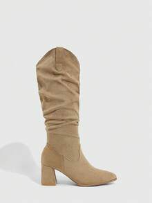 Daringsoles Women's Pointed Toe Pleated Fashion Daily Wear Mid-Calf High Heel Boots Valentine's Day - Khaki - View 2