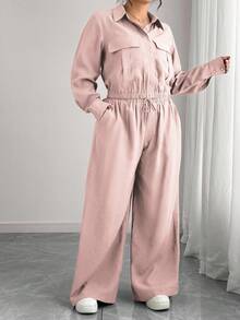 Elenzga Plus Size Women's French Romantic Sicily Elegant Casual Commute Vacation Solid Brown Shirt Collar Hidden Placket Elastic Hem Long Sleeve Shirt + Elastic Waist Cargo Pants Suit, Spring/Autumn/Winter Pant Suit Summer Sets 2 Piece Lounge Sets Woman 2 Piece Casual Sets Woman Comfortable Two Piece Set - Baby Pink - View 3