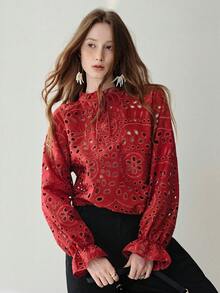 Aveloria Modichic New European & American Style V-Neck Embroidered Tie Loose Casual Long Sleeve Shirt - Rust Brown - View 1