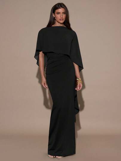 SHEIN BAE Women's Elegant Solid Color Fishtail Hem Dress, Summer Black Long Dress Elegant