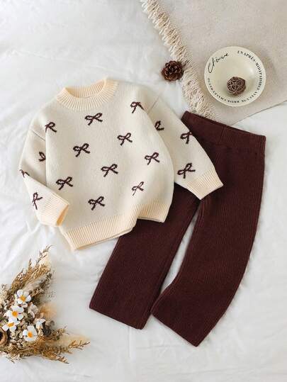 Girls Sweater Sets, Warm Turtleneck Knitted Colorblock Outfit With Elegant Bow Jacquard Decoration, Straight Leg Pants, Suitable For Girls Outings, Christmas, New Year Parties Winter Young Girls Sets 2pcs Set Toddler Girls Cute Vintage Style Girl Knit Set