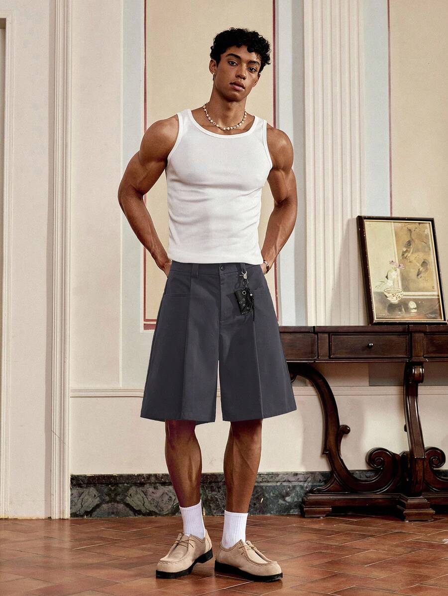 SWAVVY 男士梭织休闲宽松纯色短裤 灰色男士短裤 男士背心短裤套装 男士短裤套装 男士背心 男士无袖套装 男士长款短裤 男士背心短裤套装 男士长款短裤 男士无袖套装 男士短裤 背心 男士短裤套装 - 深灰色 - 查看 1