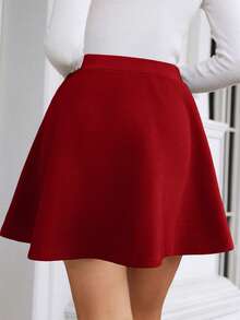 SHEIN Frenchy Women's Casual Everyday Office Commute Solid Color Umbrella Hem Short Skirt, Summer Spring - Red - View 2