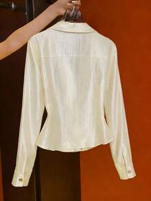 SHEIN Franclia 女士优雅通勤亮面缎面束腰衬衫 薄纱衬衫 透视衬衫 优雅女式衬衫 女士衬衫和罩衫 薄纱衬衫 - 杏色 - 查看 2