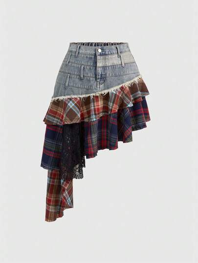 J-Fashion Minifalda de mezclilla con parche de malla a cuadros, dobladillo asimétrico, estilo retro Y2K, talla grande