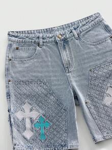 ROMWE MEN Street Life Quần short denim nam thêu chữ thập, có túi, kiểu dáng thường ngày, đa năng. - Màu xanh lam - Xem 5