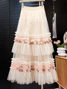 SHEIN Franclia 女士浪漫网纱粉色印花A字裙，春夏款 - 粉色 - 查看 2
