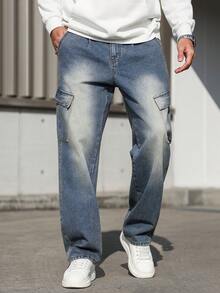 Manfinity Homme 秋冬休闲水洗蓝色复古修身直筒工装口袋褶皱牛仔裤 - 藍色 - 查看 3