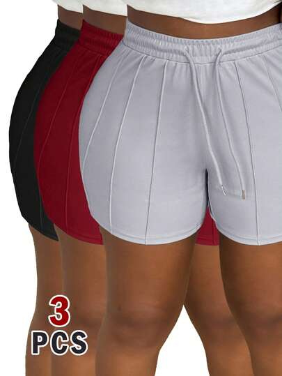 Maweii 3pcs/Set Plus Size Women's Solid Color Drawstring Waist Casual Everyday Shorts