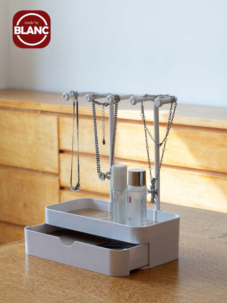 1 Soporte para exhibición de joyas con caja de cajón para aretes, collares y almacenamiento de joyas, con base de madera, caja de almacenamiento para el escritorio y estante de almacenamiento colgante multifuncional. Soporte colgante de almacenamiento de joyas adecuado para collares, pulseras, aretes, anillos y relojes, con ganchos incluidos. Disponible en una o dos capas. Necesidad de verano para organizador de almacenamiento de regalo de mujer para viajes - Multicolor - Ver 1