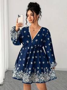 SHEIN Elenzya Plus Size Flower Printed V Neck Long Sleeve Dress Boho Blouses Tunic Dresses Tunic Blouse Boho Dress Long Sleeve Summer Dress - Multicolor - View 3