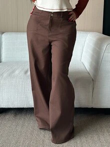 Dazy Plus Jeans droits amples à poches pour femmes grandes tailles, toutes saisons - Tabac - Voir 4