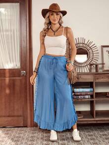 Women's Western Casual Blue Denim Effect Ruffle Hem Wide Leg Pants, LanaWest - Blue - View 3