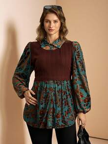 SHEIN LUNE Plus Size Women Floral Patchwork Lantern Sleeve Casual Blouse Top - Multicolor - View 8