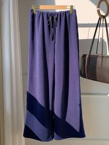 SHEIN EZwear 女式纯色系腰宽松羊毛裤 - 藏蓝色 - 查看 5