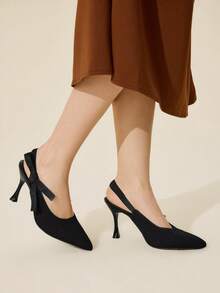CUCCOO BASICS Zapatos de tacón con punta puntiaguda y decoración de lazo, elegantes y de moda para fiestas - Negro - Ver 5