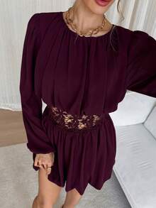 Siren Gaze Vestido mini de moda con cuello redondo, mangas farol, cintura ceñida y dobladillo de volantes transparentes de unicolor para mujer - Rojo violeta - Ver 3