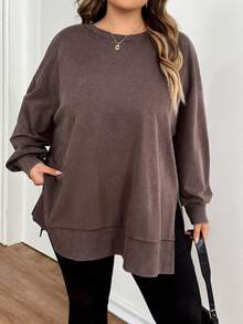 SHEIN CURVE+ Plus Size Solid Color Round Neck Casual Versatile Long Sleeve Sweatshirt Thanksgiving New Year - Brown - View 9