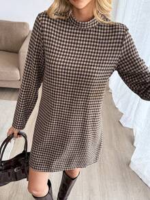 EMERY ROSE 女士格子长袖休闲百搭连衣裙 - 棕色 - 查看 6