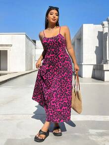 Solflare Đầm cỡ lớn họa tiết da báo, eo điều chỉnh được, dây mảnh, thiết kế hở lưng và khóa kéo ẩn, thích hợp cho mùa xuân/hè. - Màu Hồng Tươi - Xem 6