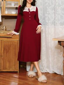 Côtesoire Camisón de mujer elegante francés de punto acanalado con encaje y contraste de color