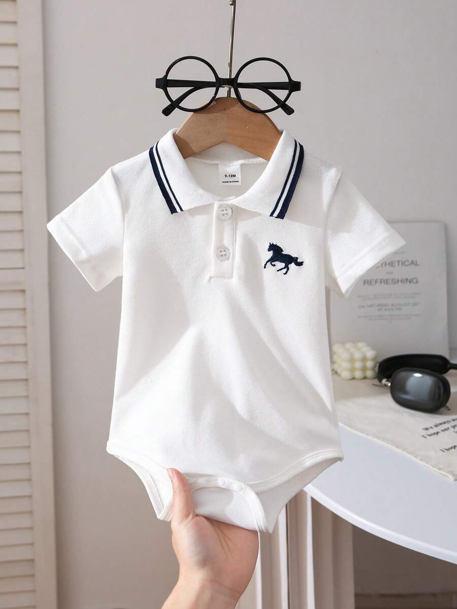 1件婴儿男女通用0-3岁休闲条纹装饰珍珠针织面料短袖POLO连体衣，适合春夏穿着