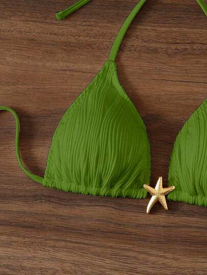 Swim Mod Top de traje de baño blanco sólido con escote halter y espalda descubierta con lazo, para vacaciones de verano