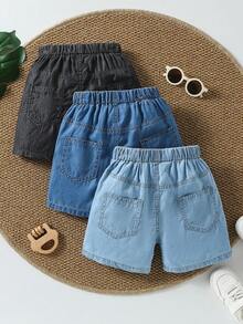 SHEIN Vintaside Kids 3件套男童休闲宽松牛仔短裤，柔软天丝面料，适合夏季、假期、户外派对穿着 - 彩色 - 查看 2