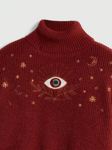 ROMWE Hippie 复古波西米亚度假风月亮星星刺绣蓝绿色套头毛衣 - 紅色 - 查看 4