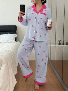 SHEIN Plus Size Contrast Color Collar Ruffle Heart Striped Long Sleeve Pajama Set - Baby Blue - View 3