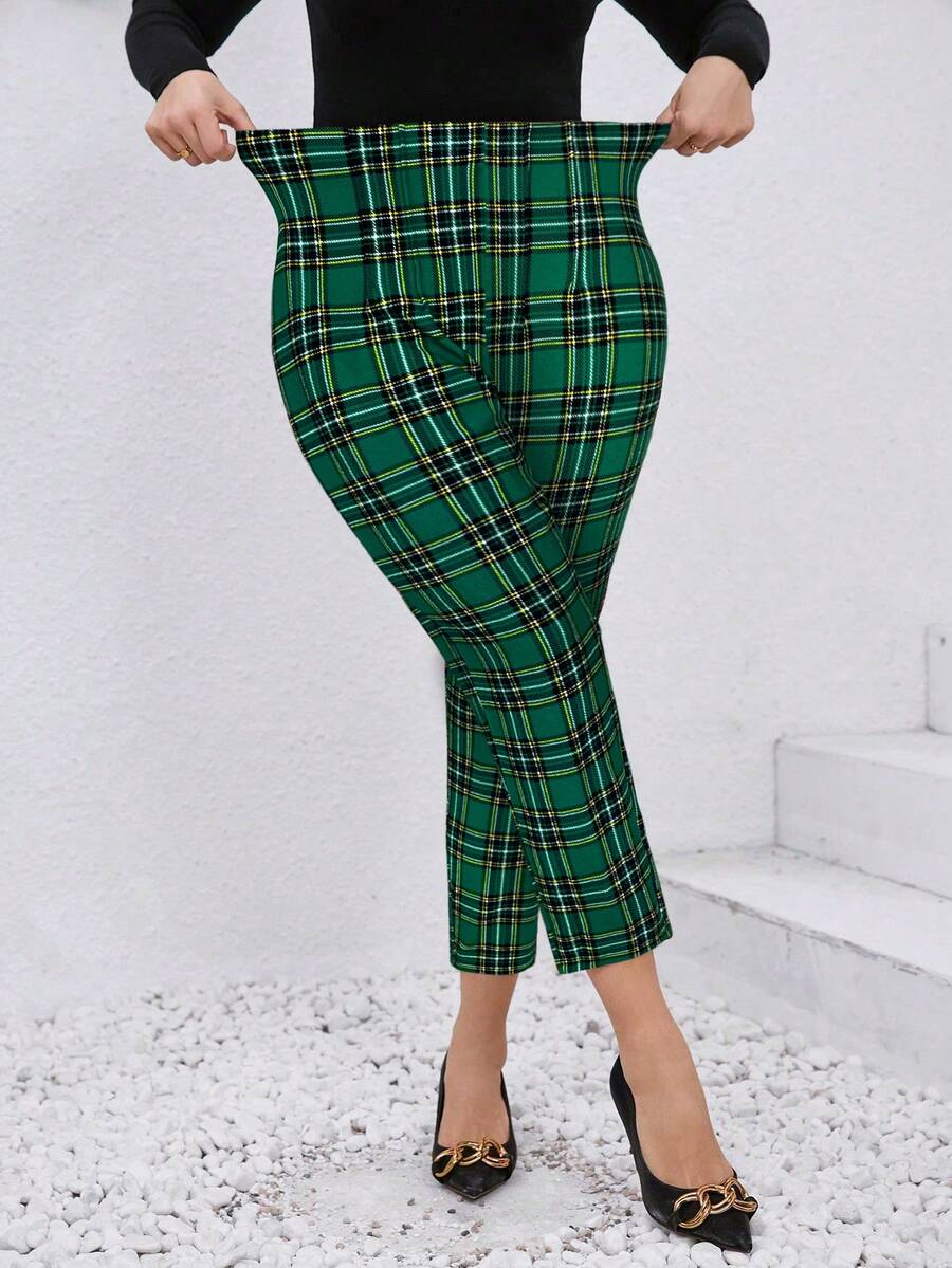 SHEIN Clasi Plus Size High Waist Elastic Plaid Simple Slim Fit Casual Pants,Office For Women - Green - View 1
