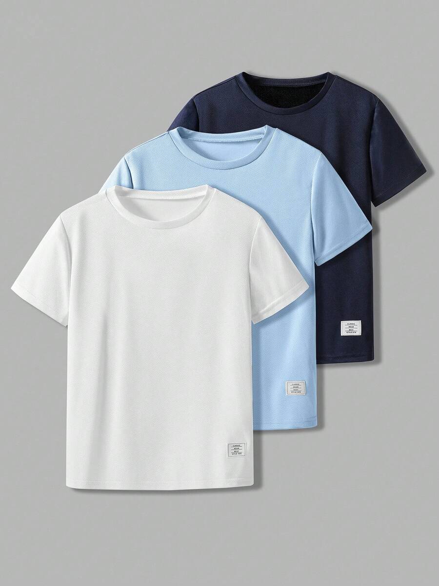 SHEIN Vacaura 3pcs/Set Boys' Crew Neck Short Sleeve T-Shirts With Graphic Decor, Spring/Summer Boys T Shirts Pack Basic Tees Solid Color Tops Kids - Baby Blue - View 1