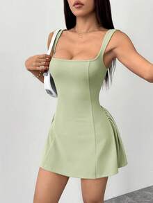 SHEIN PETITE 女士约会派对纯色红色迷你A字领丰满方领性感优雅收腰连衣裙 - 薄荷綠 - 查看 7