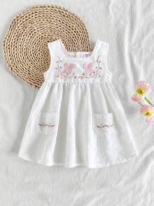 Vintaside Kids Baby Girl Summer Bow Embroidery Sleeveless Square Neck White Dress