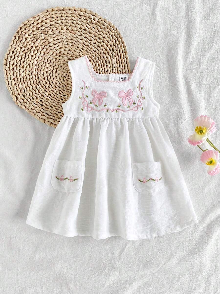 Vintaside Kids Baby Girl Summer Bow Embroidery Sleeveless Square Neck White Dress