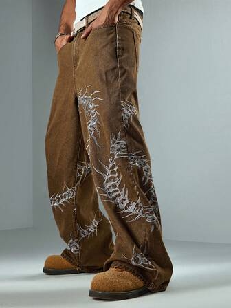 Street Life Herren Jeans mit weitem Bein, locker geschnitten, vielseitig einsetzbar, mit bestickter Tasche mit Skorpion-Motiv