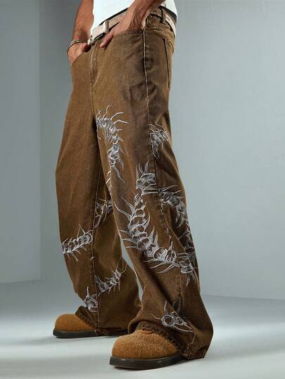 Street Life Jeans casuales y versátiles de pierna ancha con bordado de escorpión en el bolsillo para hombres