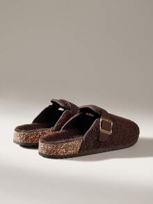 Solecia 女士毛绒魔术贴设计休闲百搭平底拖鞋 - 咖啡棕 - 查看 4