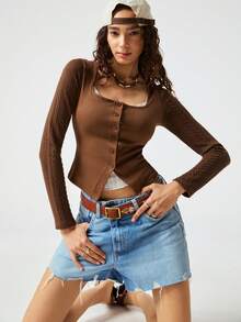 SoleilVie Suéter corto de punto ajustado y casual con cuello cuadrado y abertura, color beige, para otoño - Marrón - Ver 1