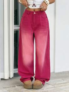 SHEIN ICON Celana Jeans Kasual Model Lebar Gaya Vintage dengan Tampilan Cuci - Merah - View 4