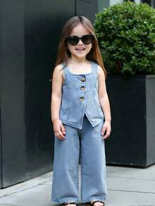 Bộ 2 món áo khoác denim và quần ống rộng cho bé gái - Rửa nhẹ - Xem 1