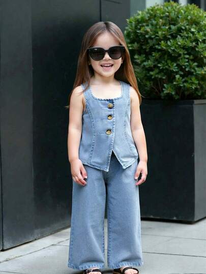 Bộ 2 món áo khoác denim và quần ống rộng cho bé gái