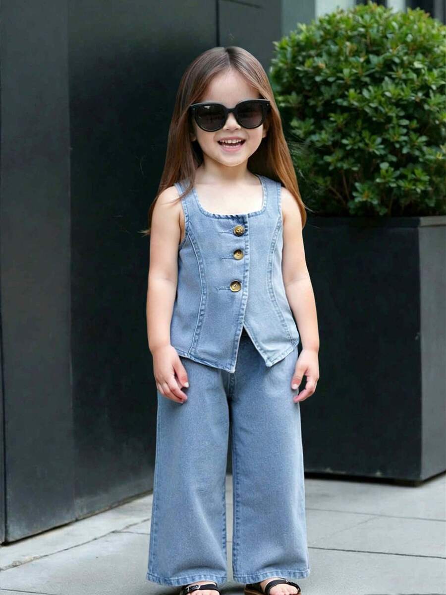 Bộ 2 món áo khoác denim và quần ống rộng cho bé gái - Rửa nhẹ - Xem 1