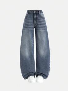 SHEIN Teen Girls' Jeans,Blue Summer Streetwear Graduation Back-To-School,Y2K Collegiate Style Flare Leg Comfortable Cotton Denim Pants For School Party - Medium Wash - View 3