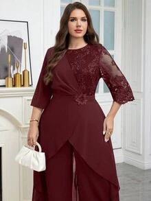 Reflora 大码纯色圆领插肩袖收腰蕾丝拼接优雅连体裤 - 酒紅色 - 查看 2