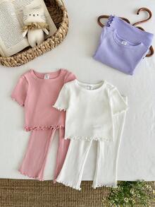 SHEIN LMoss Kids 6件套女婴休闲可爱纯色针织短袖T恤和松紧腰喇叭裤套装 - 彩色 - 查看 10