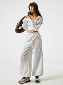 SHEIN Raffinéa Women's Solid Color Split Casual Wide Leg Pants - Grey - View 4