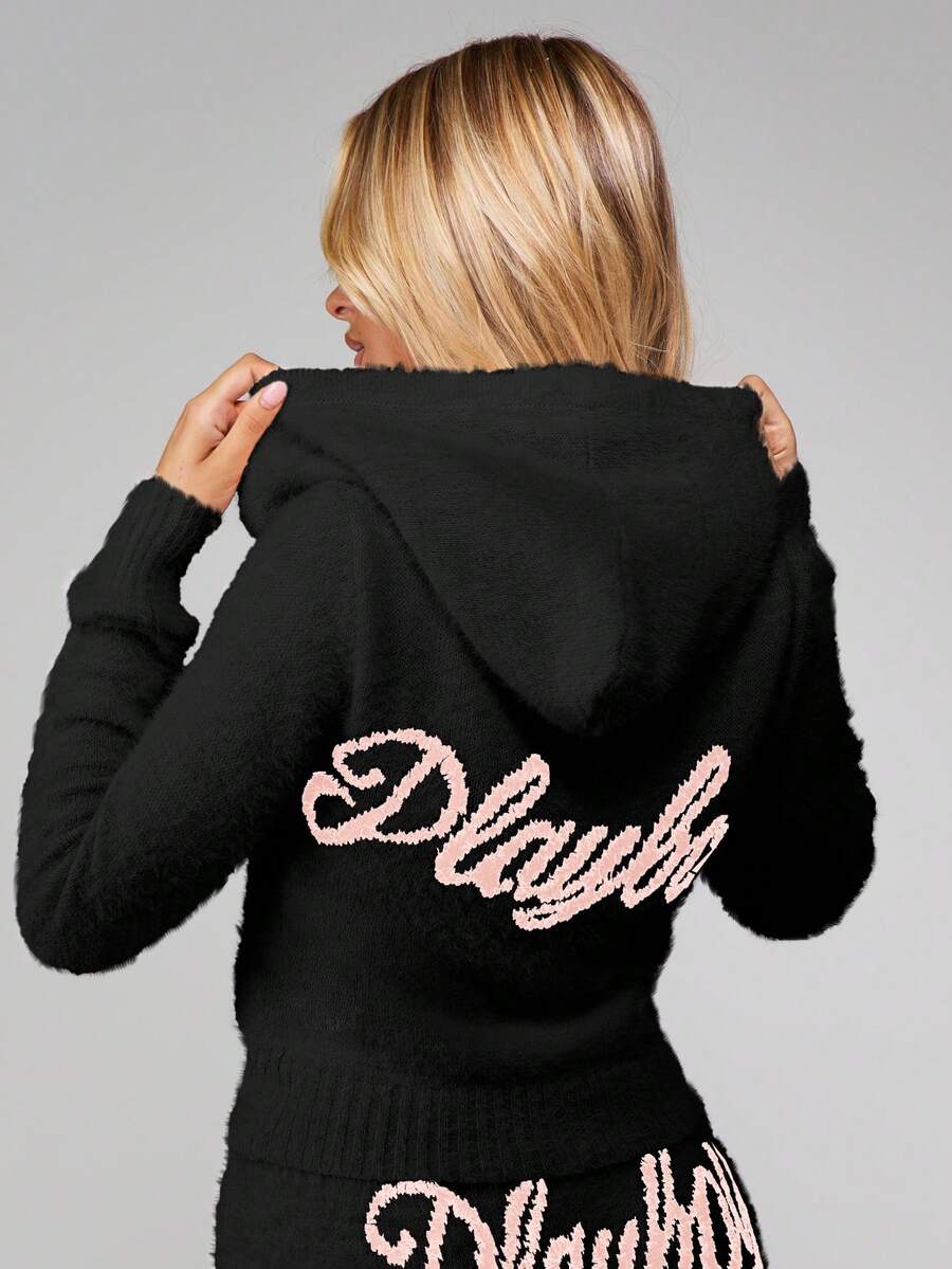 Missguided x Playboy 蓬松针织连帽拉链长袖保暖冬装毛衣 - 黑色 - 查看 1