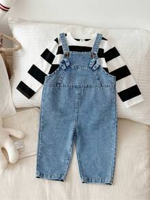 Vintaside Kids Baby Boys Autumn/Winter Round Neck Long Sleeve Striped T-Shirt Paired With Sleeveless Washed Denim Bib Pants Set, Comfortable For Camping And Home Wear, Suitable For Spring/Autumn Seasons, Practical And Fashionable For Outdoor Or Casual Indoor Time - Multicolor - View 3